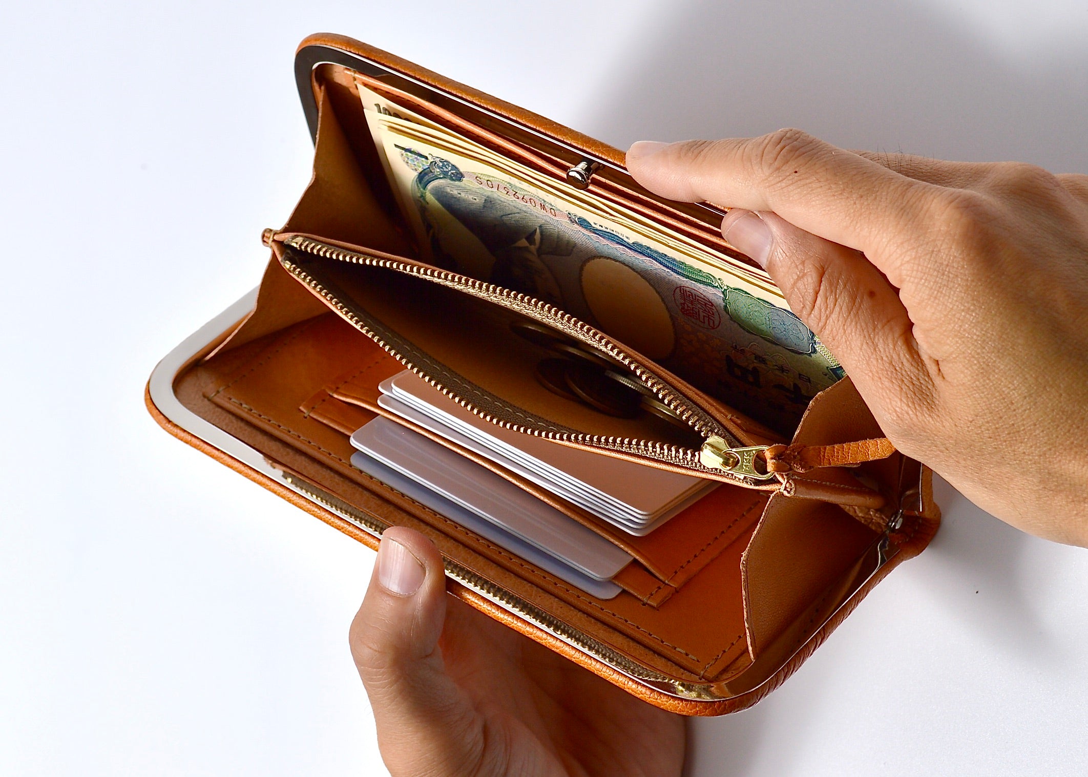 杏染革:がま口長財布:隠し口金:KDG-100